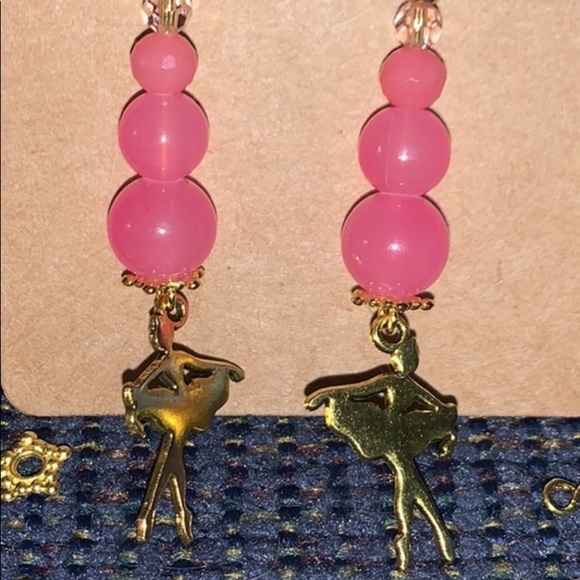 Handcrafted Semi Precious Pink stone w ballerina pendant Dangle Bon Bon Earrings - Picture 3 of 8